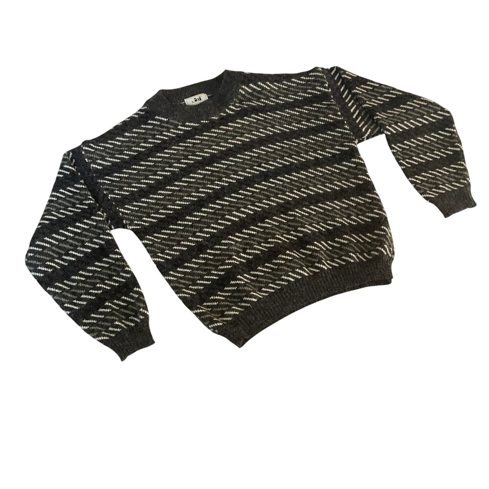 Jed Retro Sweater Mens Large Gray Diagonal Stripe Crewneck Wool Blend Pullover
